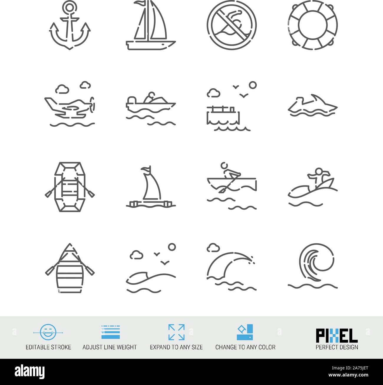 La sécurité de l'eau et les motomarines ligne vectorielle icon set. Pixel design parfait. Avc. modifiable Régler l'épaisseur de ligne. Étendre à n'importe quelle taille. Illustration de Vecteur