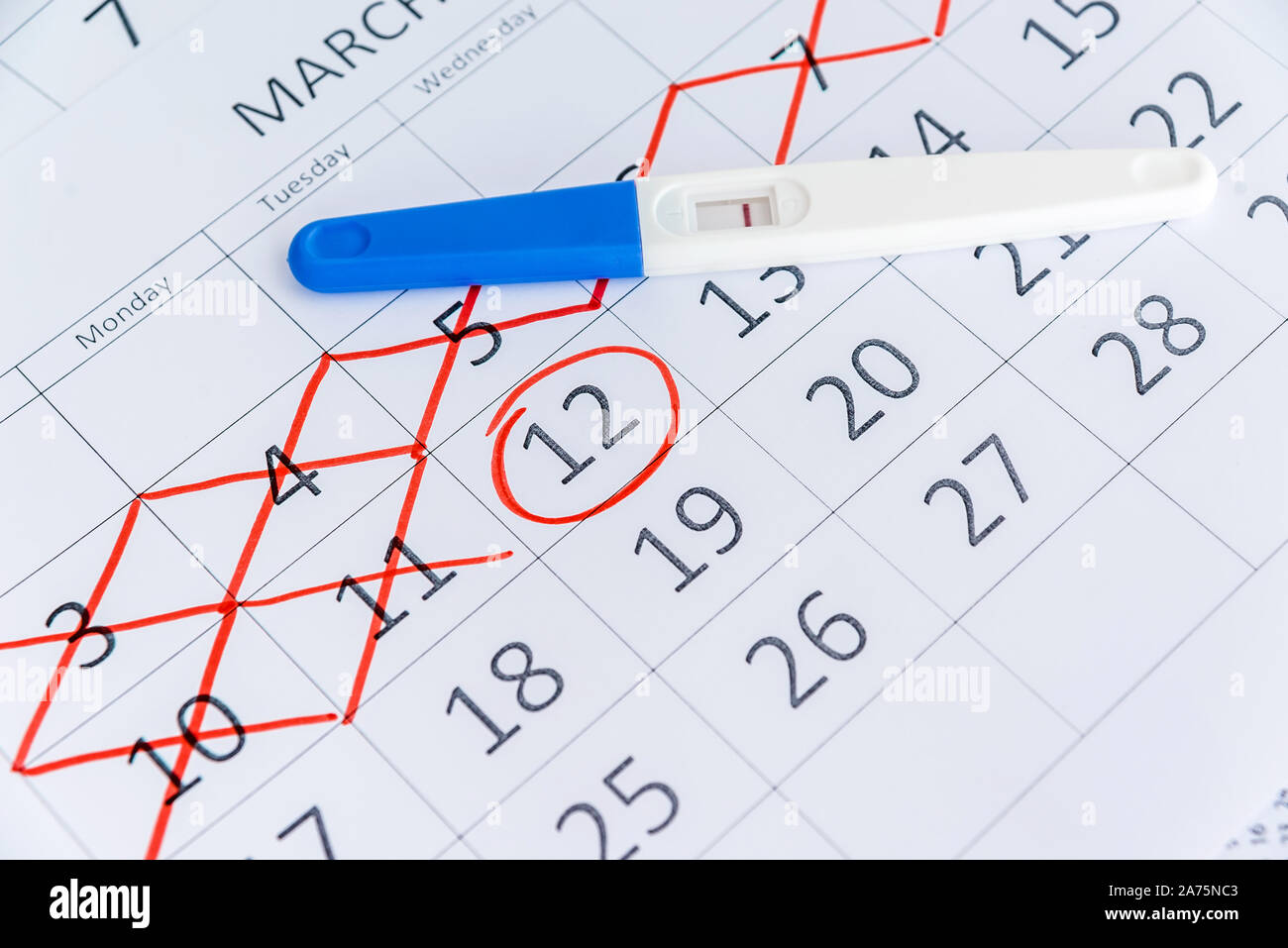 Test De Grossesse Negatif Avec Encerclant Date Dans Le Calendrier Planification De La Grossesse L Essai D Avoir Bebe Photo Stock Alamy