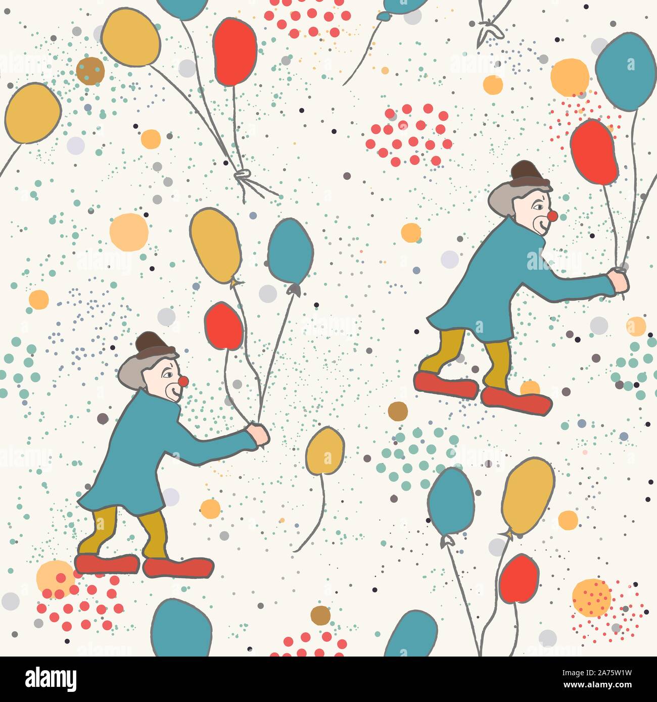 Hand Drawn Seamless Pattern avec clown et ballons.Idéal pour mariage cartes, cartes postales, t-shirts, invitations, brochures, affiches, art mural, wa Illustration de Vecteur