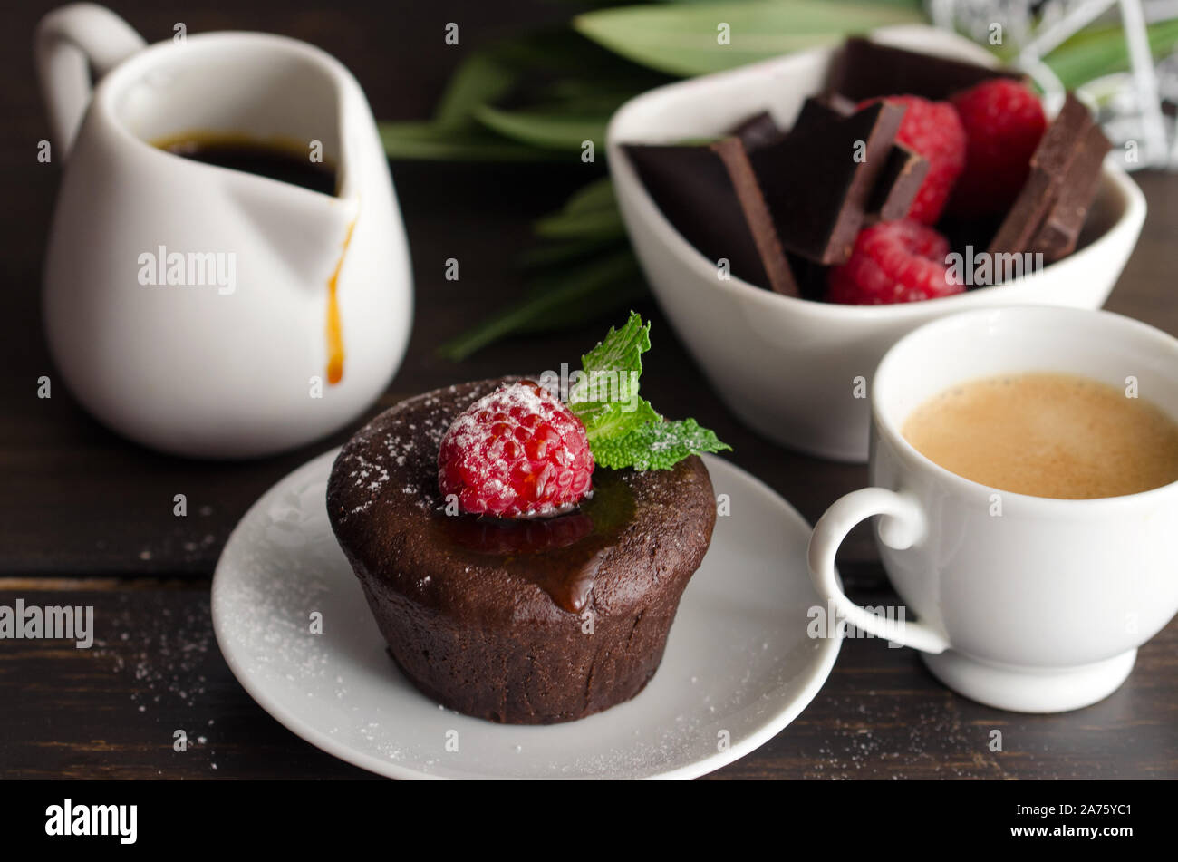 Coulant ou fondant au chocolat à la framboise, menthe et sucre en poudre. Délicieux dessert français Banque D'Images