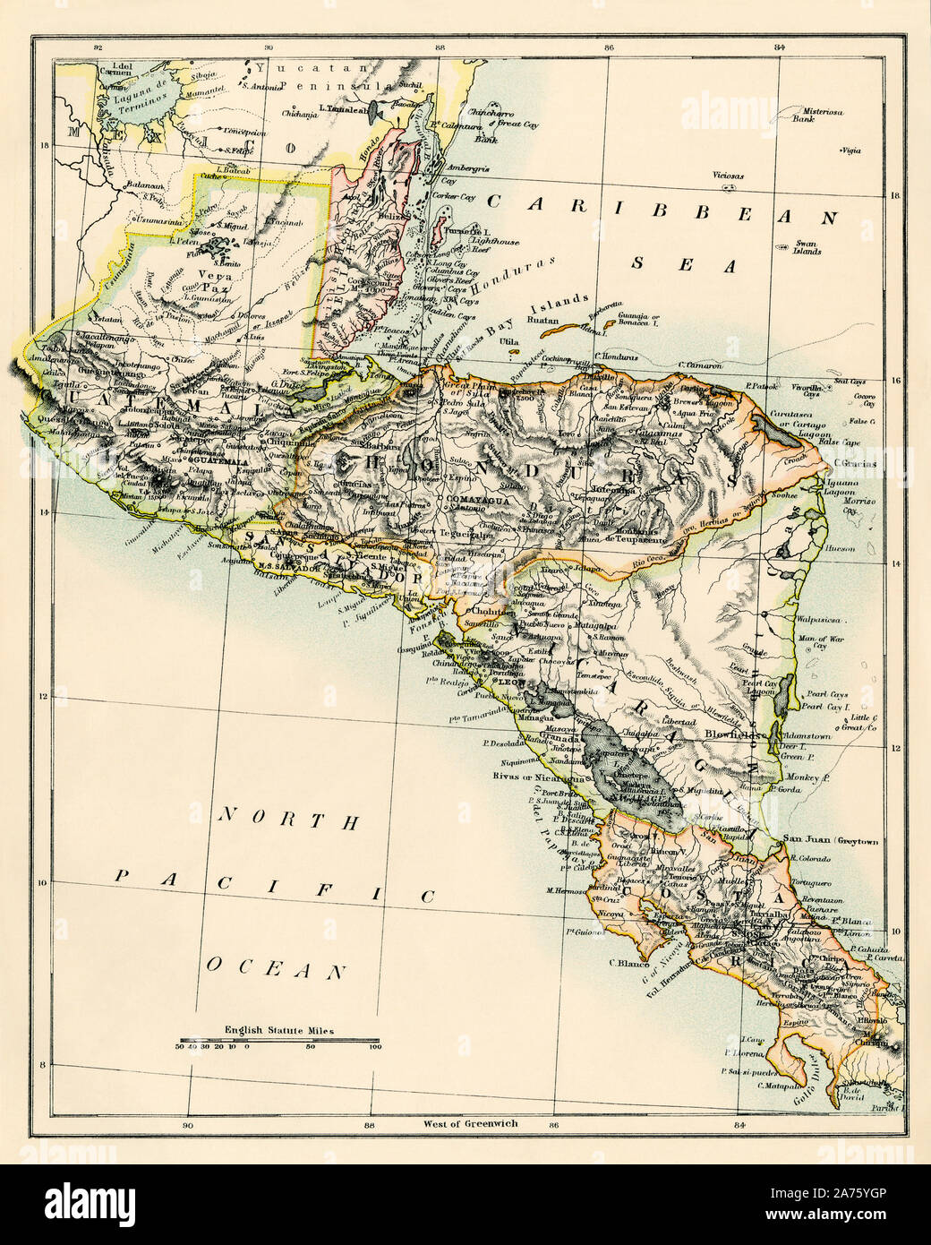 Carte de Belize, Guatemala, Honduras, El Salvador, le Nicaragua et le