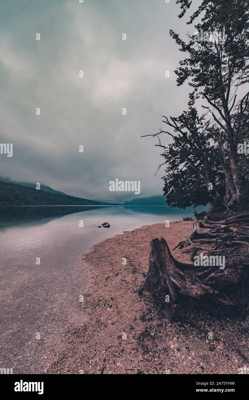 Fissure de l'aube sur le lac de Bohinj en Slovénie, beau paysage tranquille avec brouillard d'automne sur le lac Banque D'Images