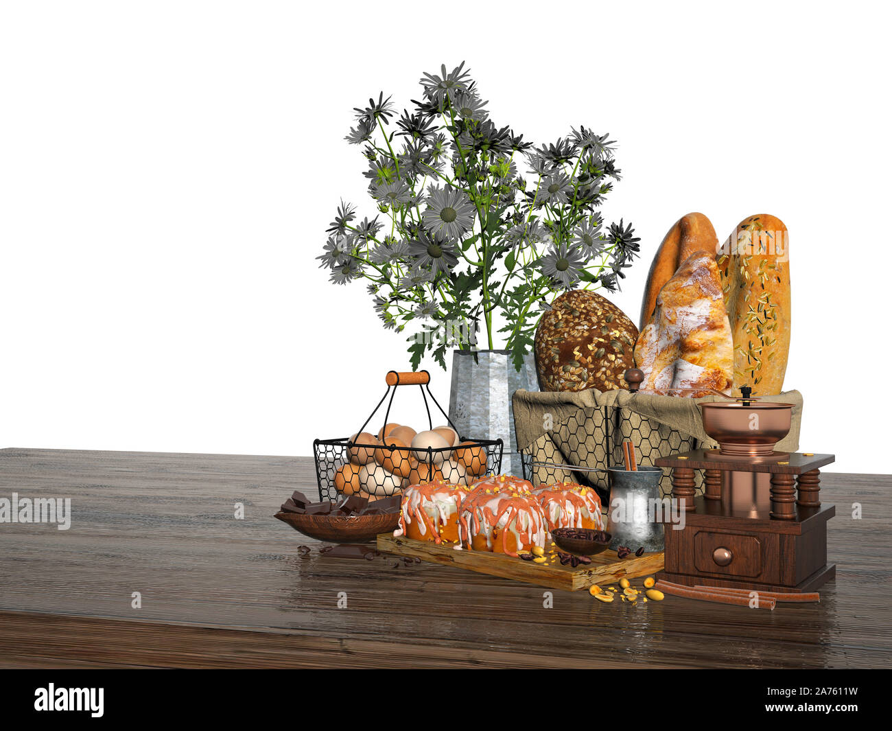 Le rendu 3D de décor de cuisine et de l'alimentation mis Banque D'Images