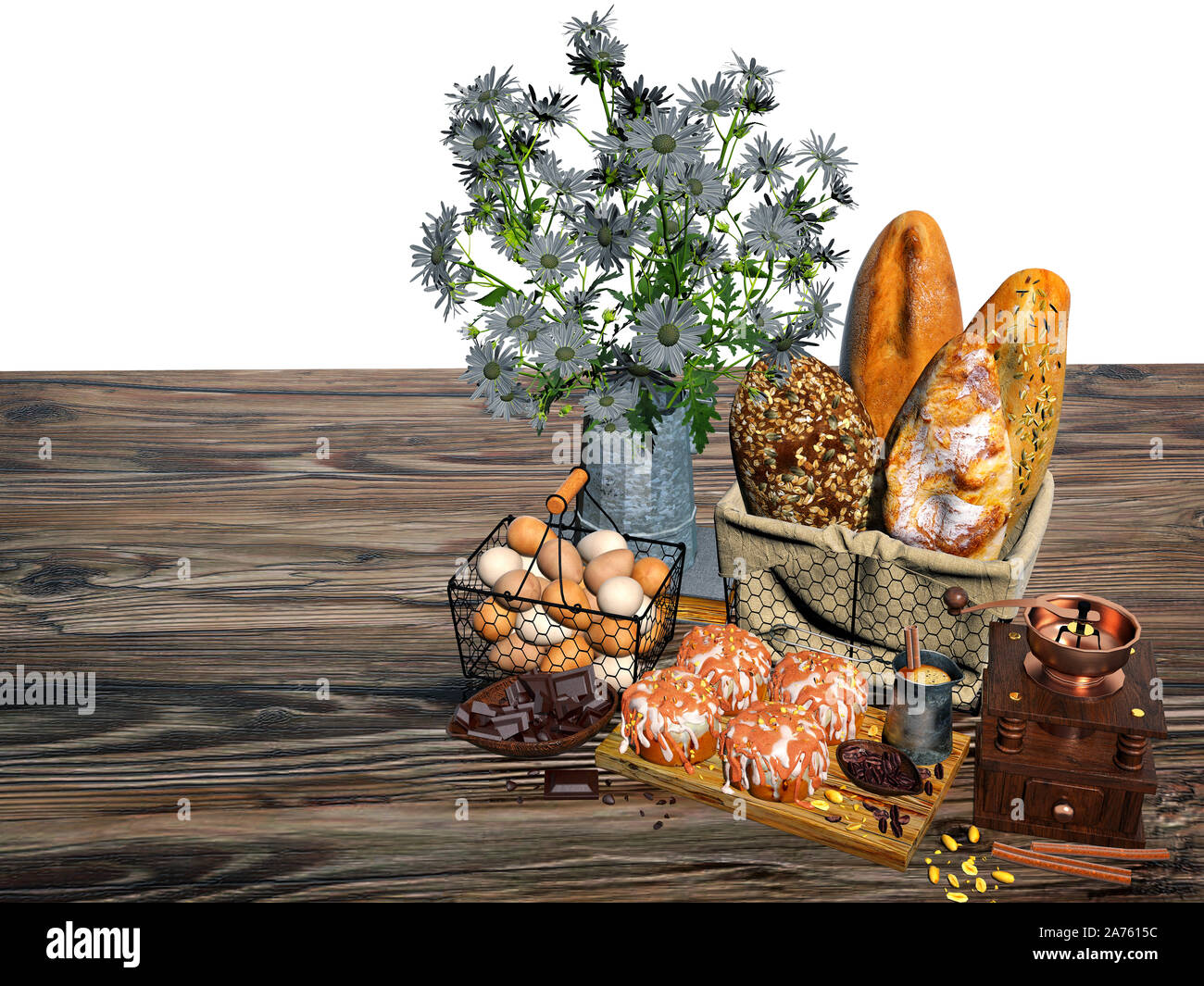 Le rendu 3D de décor de cuisine et de l'alimentation mis Banque D'Images