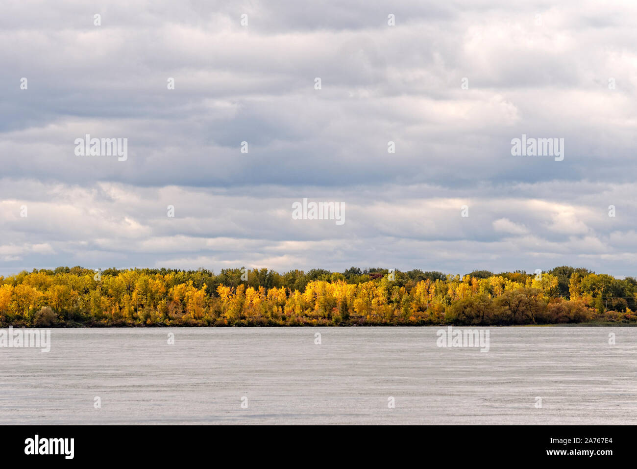 Vue sur le fleuve Saint-Laurent et feuillage d'automne colorés sur la rive sud, Lasalle, Montréal, Québec, Canada Banque D'Images