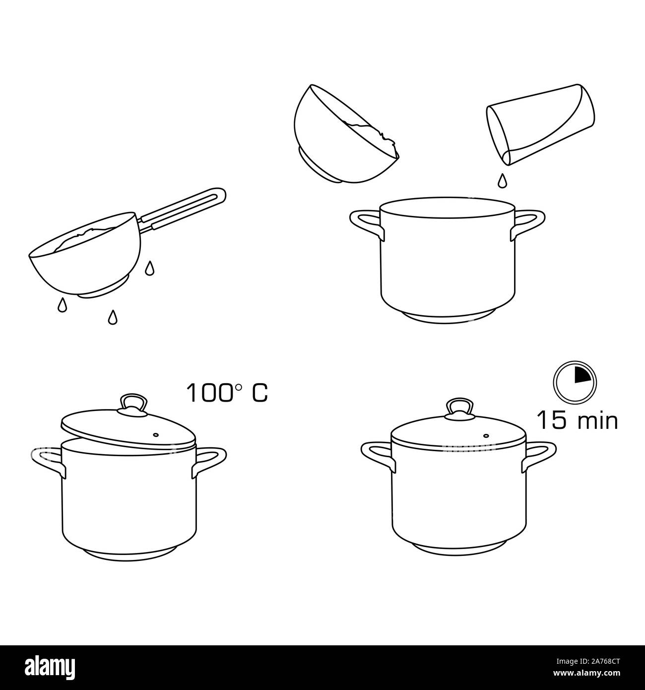 Comment faire cuire le riz avec peu d'ingrédients recette facile. Le processus d'instruction de riz pour le petit déjeuner. Bol chaud avec une cuisine savoureuse. Illustration de Vecteur