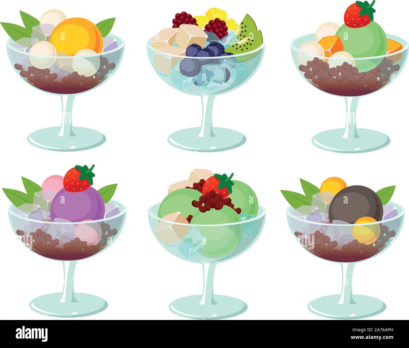 Vector illustration de divers desserts asiatique avec des fruits et de la crème glacée dans un verre. Illustration de Vecteur