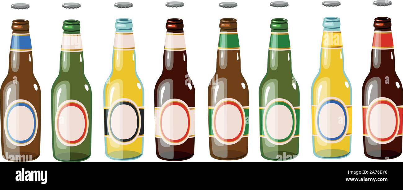 Vector illustration de différentes sortes de bière Pilsner lager, tels que l'ale et dans des bouteilles en verre Illustration de Vecteur