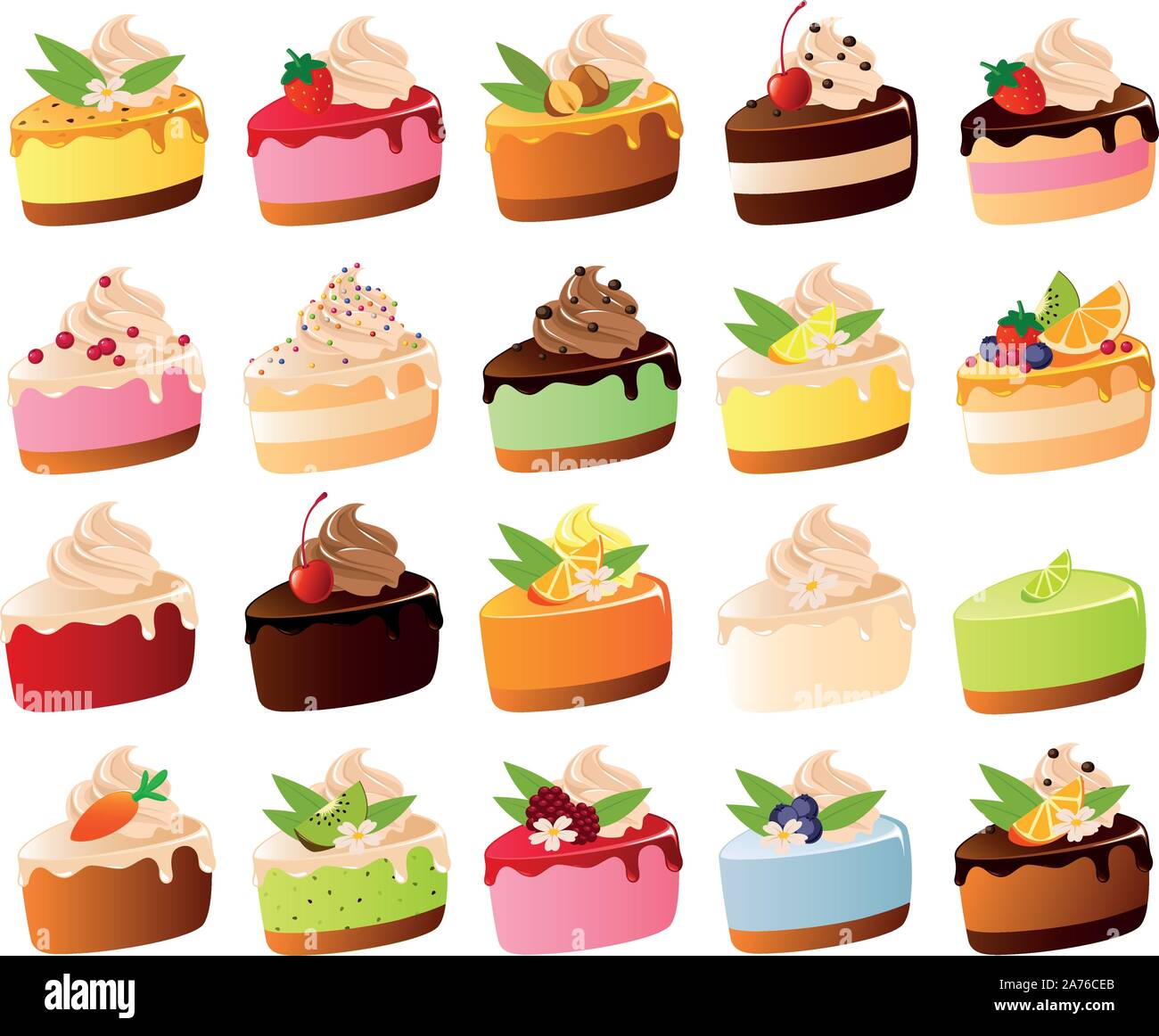 Vector illustration de diverses tranches de gâteau avec différentes garnitures et expédiés à la crème. Illustration de Vecteur