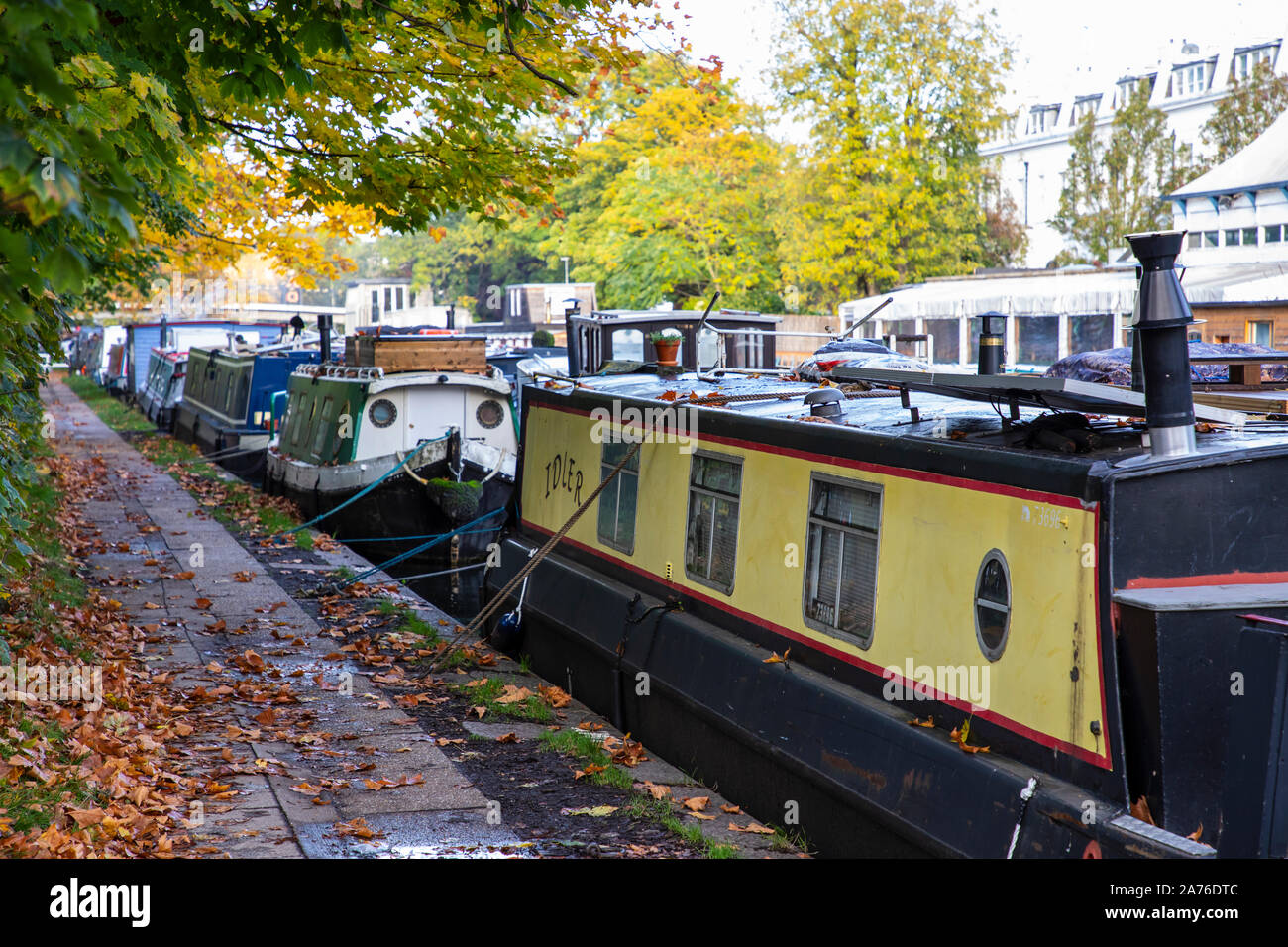 Londres, Royaume-Uni - Octobre 27th, 2019 : Rangées de bateaux sont amarrés dans la Petite Venise, quartier célèbre le long de Regents Canal Banque D'Images
