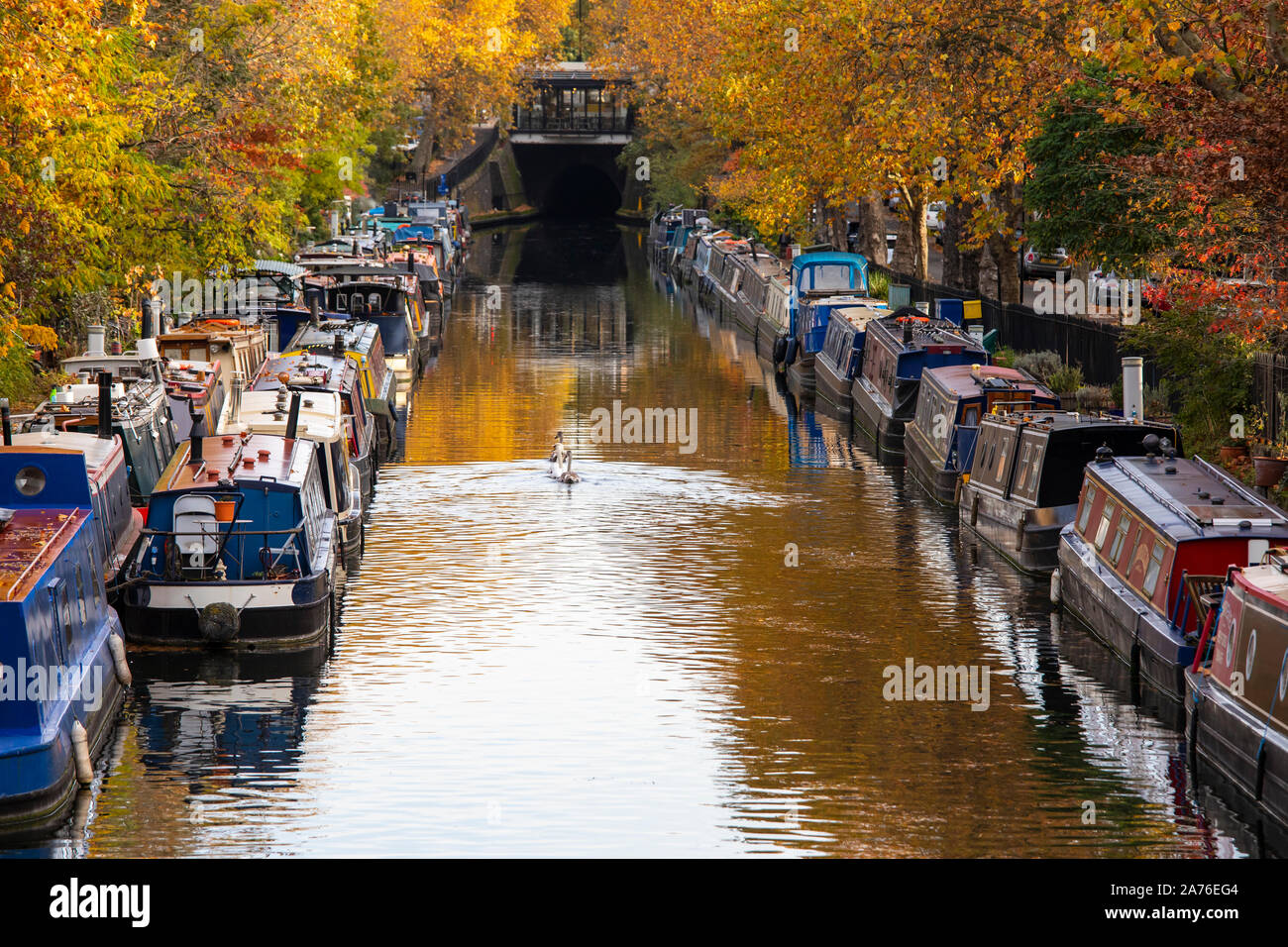 Londres, Royaume-Uni - Octobre 27th, 2019 : Rangées de bateaux sont amarrés dans la Petite Venise, quartier célèbre le long de Regents Canal Banque D'Images