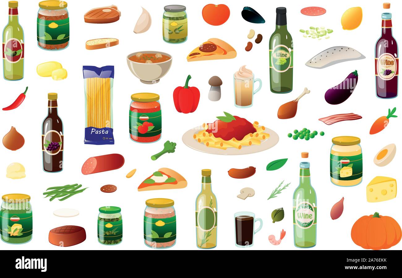 Vector illustration de divers ingrédients de cuisine italienne et plats Illustration de Vecteur