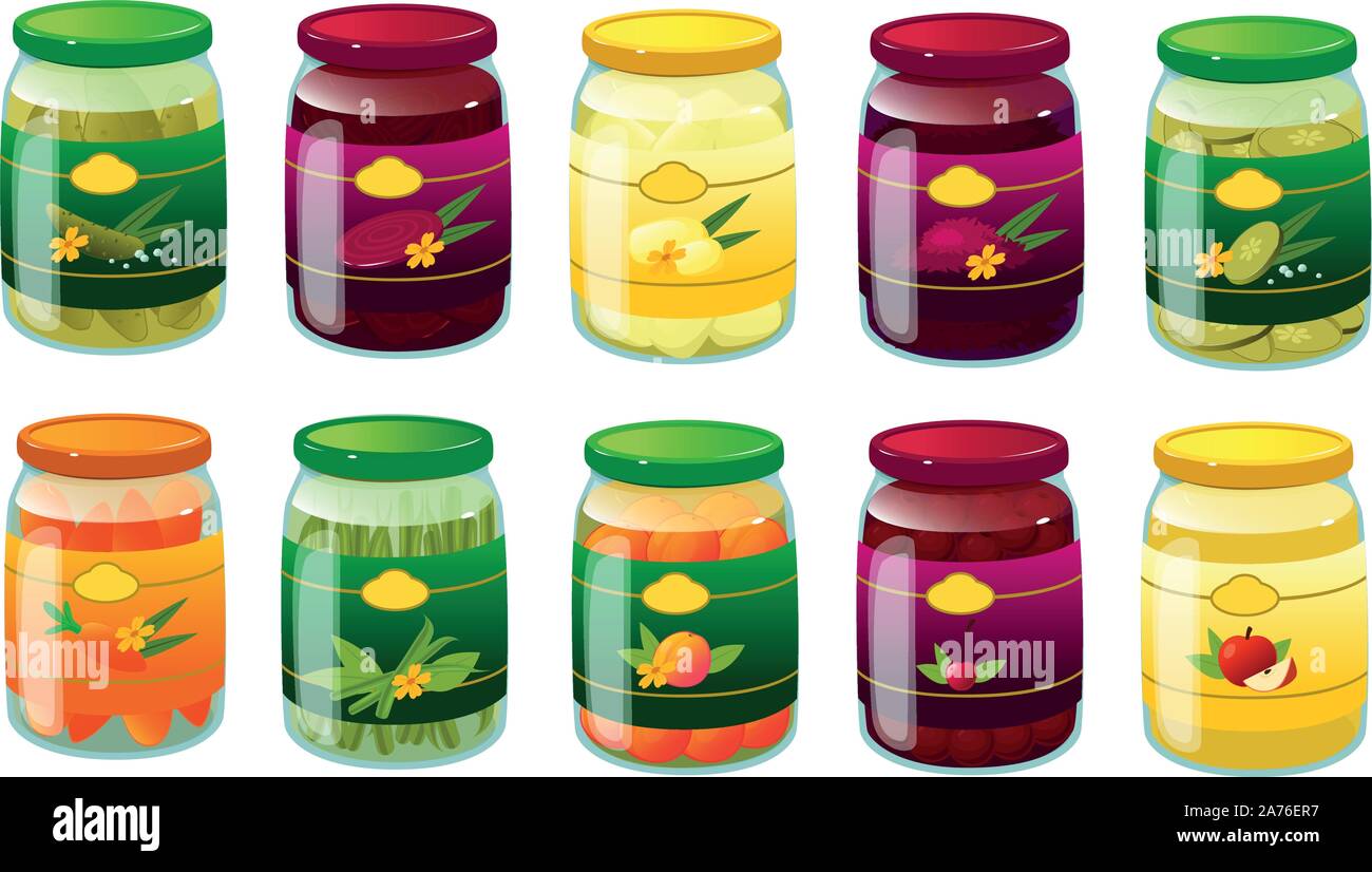 Vector illustration de divers types de conserves de légumes et fruits. Illustration de Vecteur