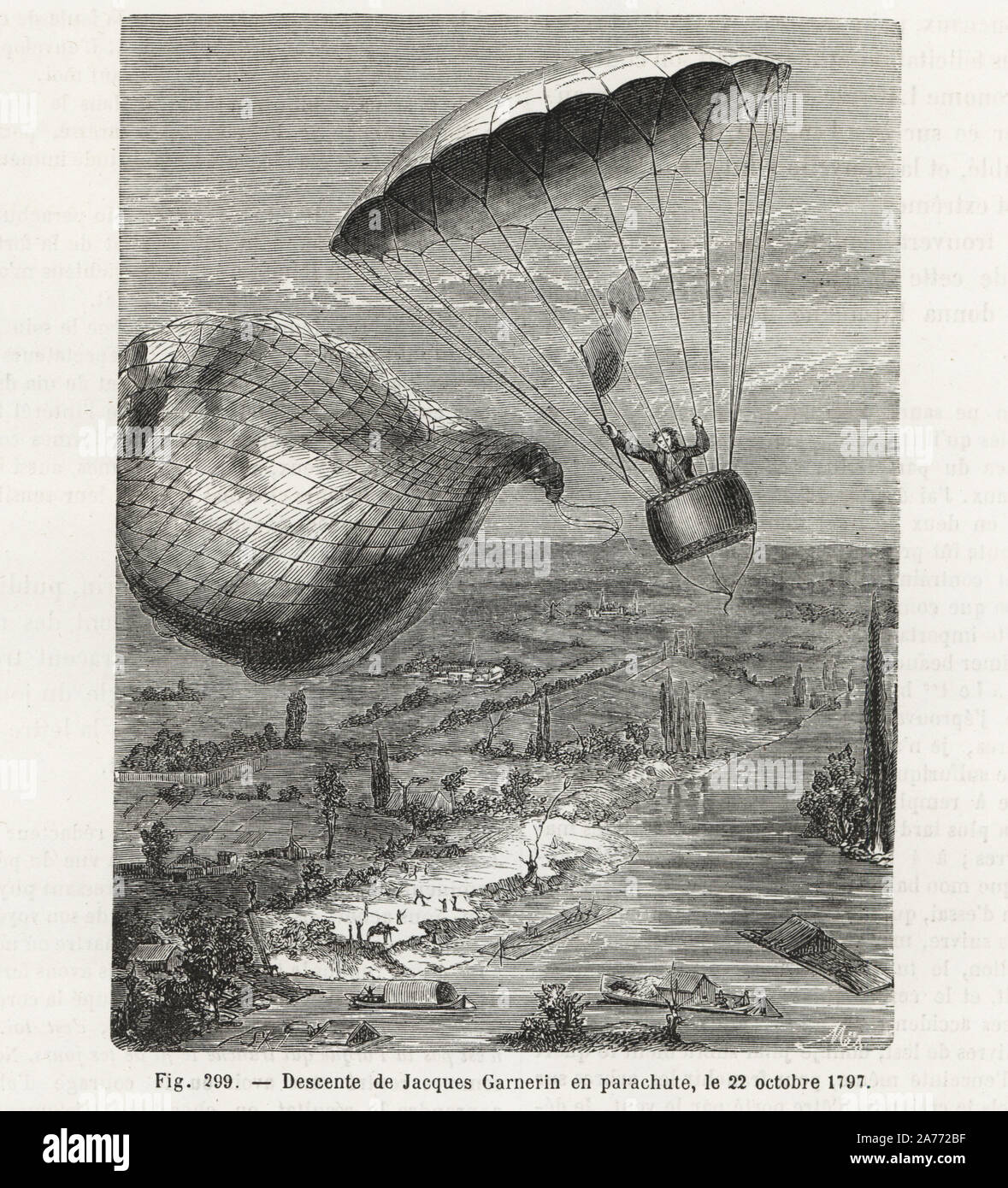 Jacques Garnerin descend en parachute d'un ballon, Parution octobre 1797. La gravure sur bois par Mes après ski de Louis Figuier's 'Les merveilles de la science : Des aérostats (merveilles de la science : les montgolfières), Furne, Jouvet et Cie, Paris, 1868. Banque D'Images