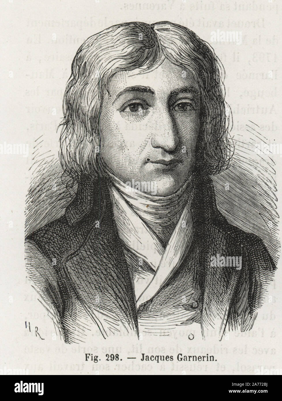 Jacques Garnerin (1769-1823), aéronaute et inventeur du parachute. La gravure sur bois par H. Rousseau après E. Thomas, de Louis Figuier's 'Les merveilles de la science : Des aérostats (merveilles de la science : les montgolfières), Furne, Jouvet et Cie, Paris, 1868. Banque D'Images