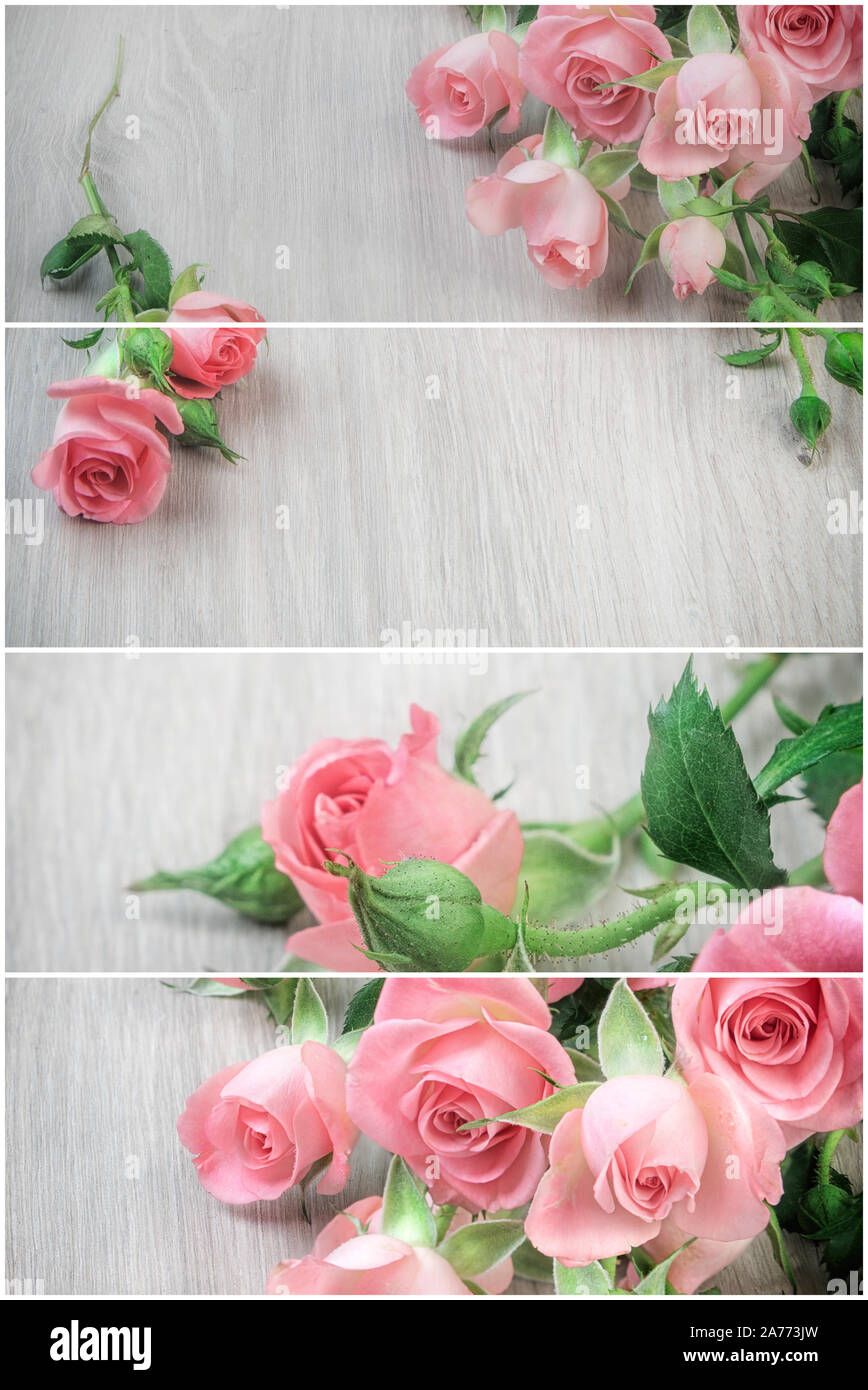 Collage avec de petites roses sur fond romantique, table en bois pour votre St Valentine's design ou une carte de vœux. Cette image est tonique. Banque D'Images