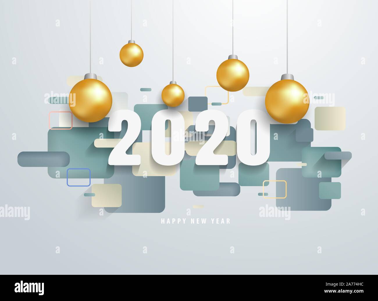 Heureuse nouvelle année 2020 avec des formes géométriques colorées bannière. Salutations et invitations, nouvel an sur le thème de Noël félicitations. Illustration de Vecteur
