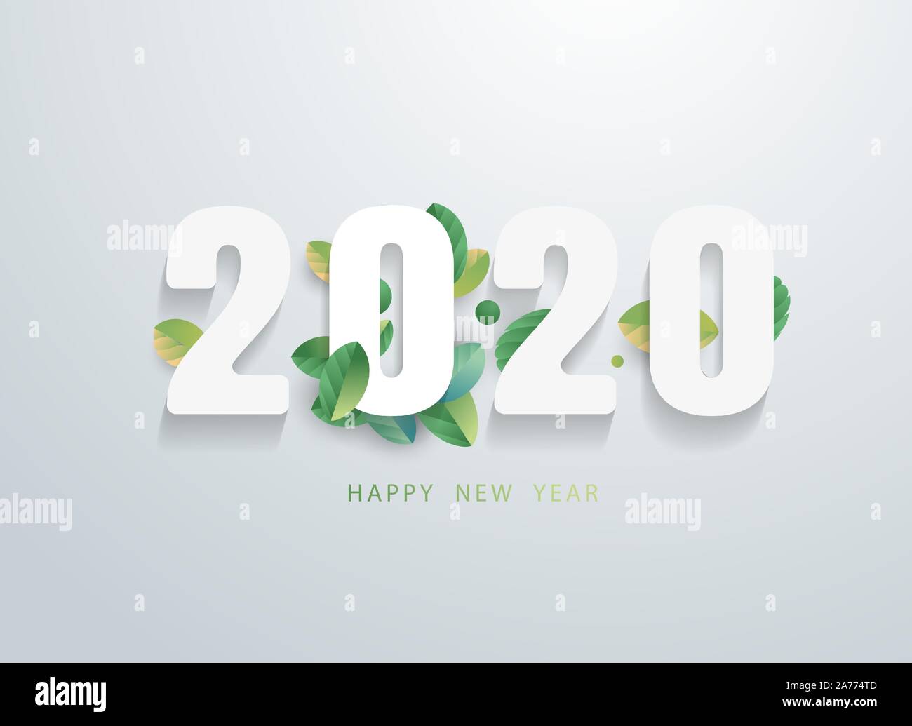 Heureuse nouvelle année 2020 avec des feuilles vertes bannière. Salutations et invitations, nouvel an sur le thème de Noël sympa félicitations, naturel. Illustration de Vecteur