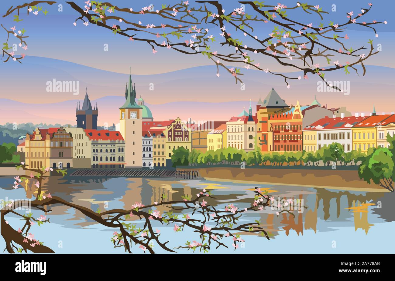 Vector illustration colorée de Prague vieille ville panorama avec arbre en fleurs, la rivière Vltava. Monument de Prague, République tchèque. De l'illustration vectorielle Illustration de Vecteur