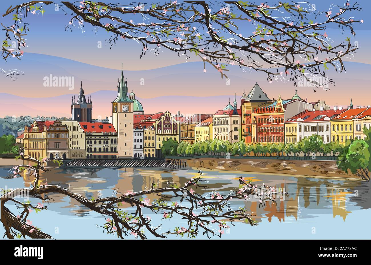 Vector Illustration dessin main colorés de Prague vieille ville panorama avec arbre en fleurs, la rivière Vltava. Monument de Prague, République tchèque. Vector illu Illustration de Vecteur