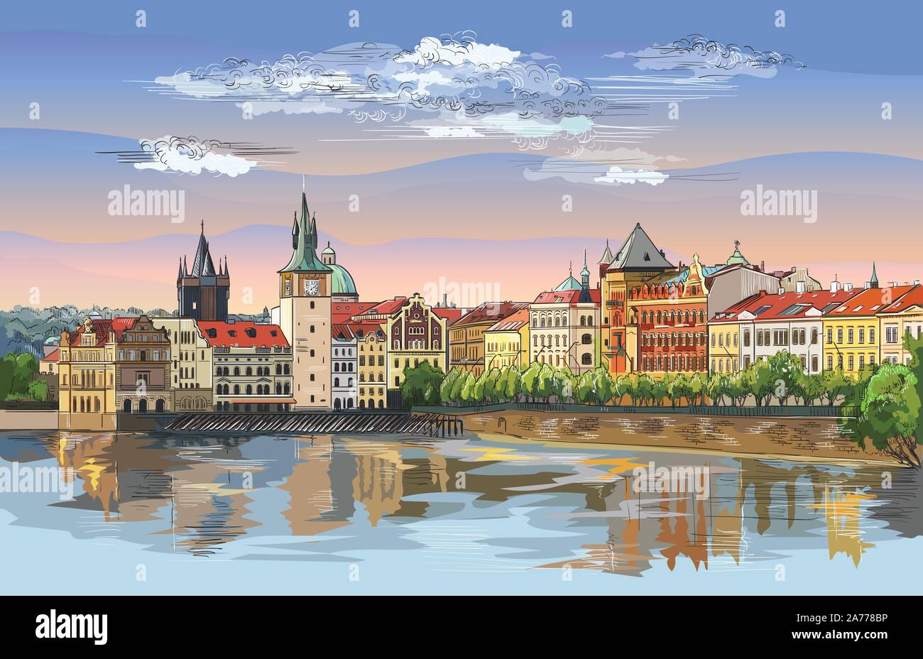 Vector Illustration dessin main colorés de Prague vieille ville panorama avec la rivière Vltava. Monument de Prague, République tchèque. Vector illustration de la Illustration de Vecteur