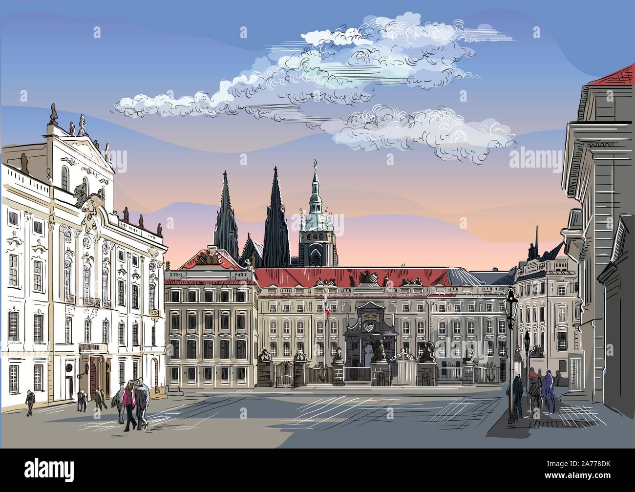Colorful vector dessin Illustration de Hradcany Square. La porte centrale du château de Hradcany. Monument de Prague, République tchèque. Vector olor Illustration de Vecteur