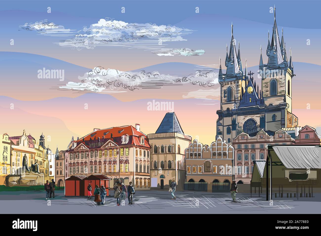 Vector Illustration dessin coloré à la main. Paysage urbain de la place de la vieille ville et l'église de Tyn. Monument de Prague, République tchèque. Vector illustration de la Illustration de Vecteur