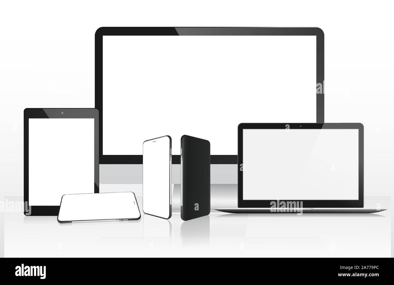 Ordinateur réaliste, ordinateur portable, tablette et mobile sur fond blanc. Fond d'écran isolé. Ensemble de maquettes de l'appareil. Illustration de Vecteur