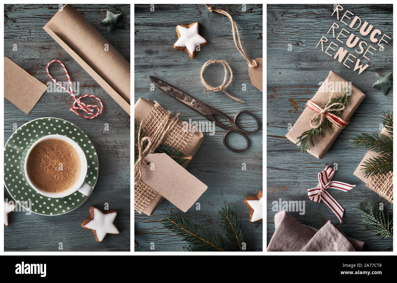 Collage de cadeaux faits main sur rustique en bois sombre avec des décorations de Noël. Arrière-plan de saison tourné à partir de ci-dessus. Mise à plat, vue du dessus, image filtrée, tex Banque D'Images