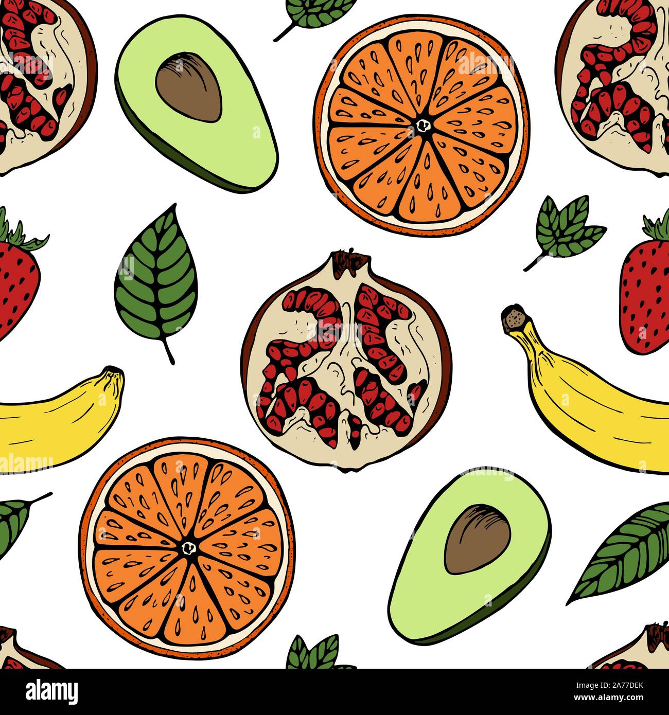 Fruit Handdrawn bagout sans couture avec set de fruits, vector illustration, sur fond blanc Illustration de Vecteur