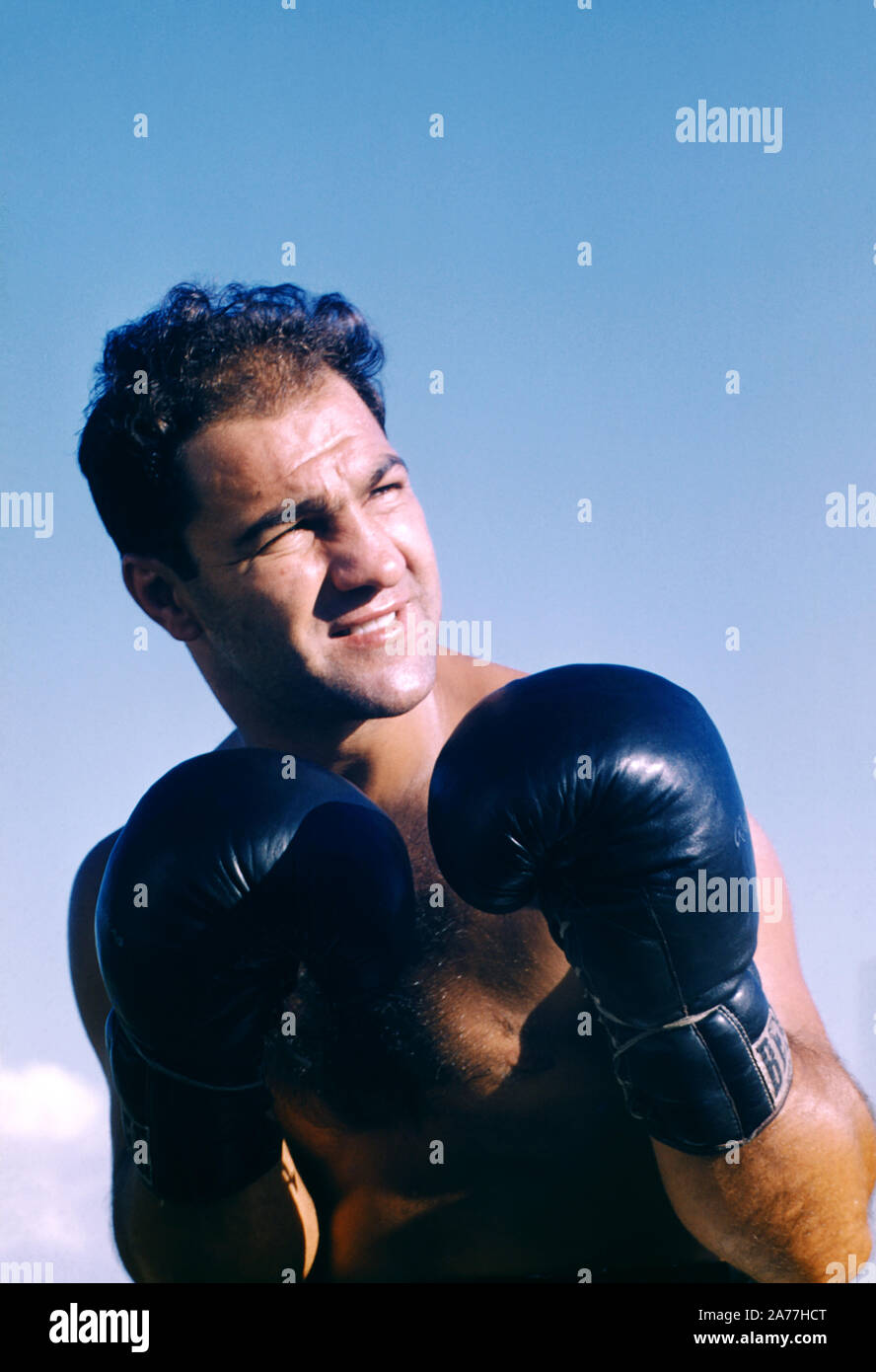 FERNDALE, NY - AOÛT, 1955 : boxeur Rocky Marciano (1923-1969) pose pour un portrait alors que la formation à Grossinger's Resort vers août 1955 à Ferndale, New York. (Photo de Hy Peskin) Banque D'Images