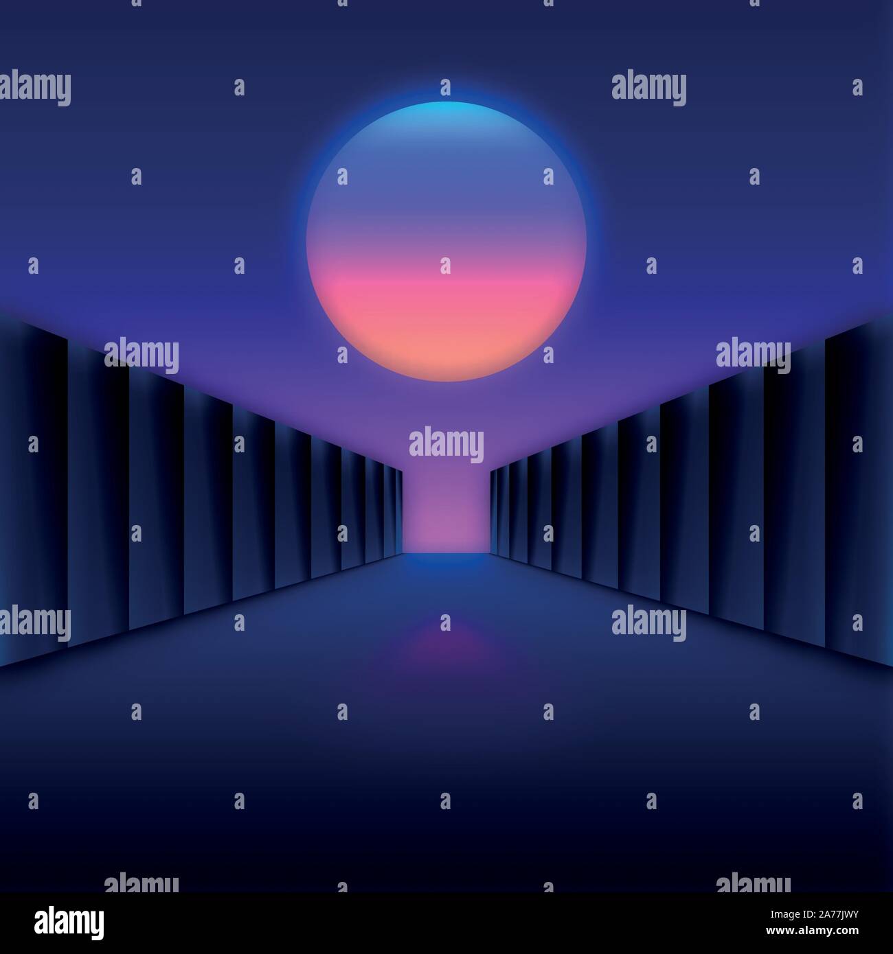Paysage numérique futuriste rétro avec lune et couloir sombre Illustration de Vecteur