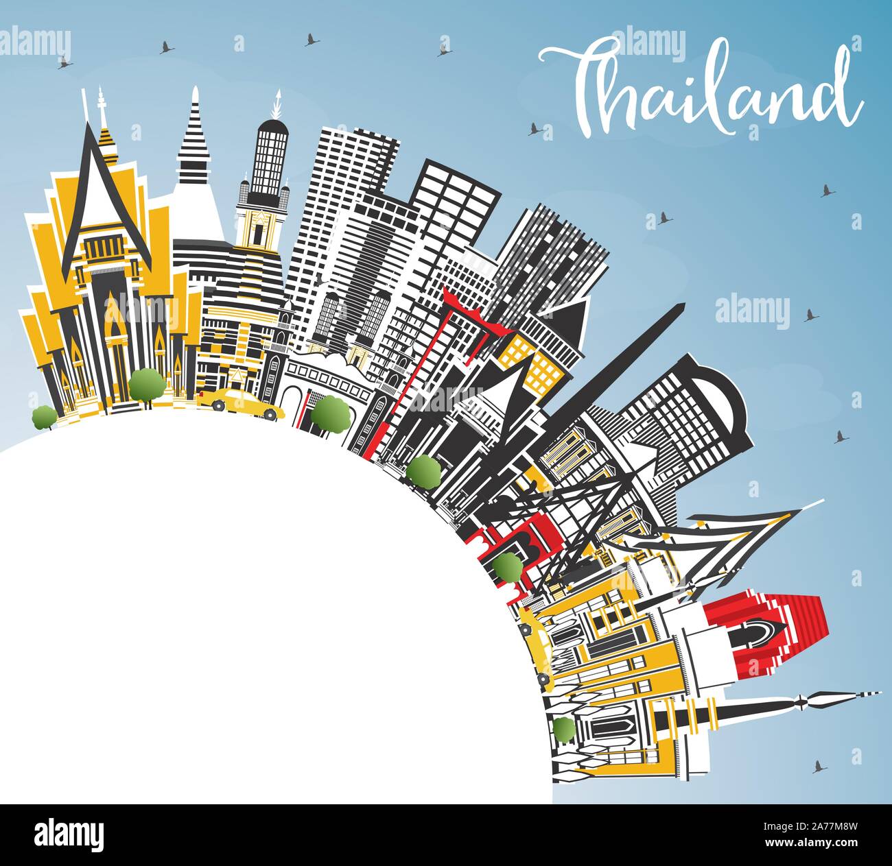 La Thaïlande avec les toits de la ville, bâtiments de couleur bleu ciel et l'espace de copie. Vector Illustration. Concept du tourisme avec l'architecture historique. Illustration de Vecteur