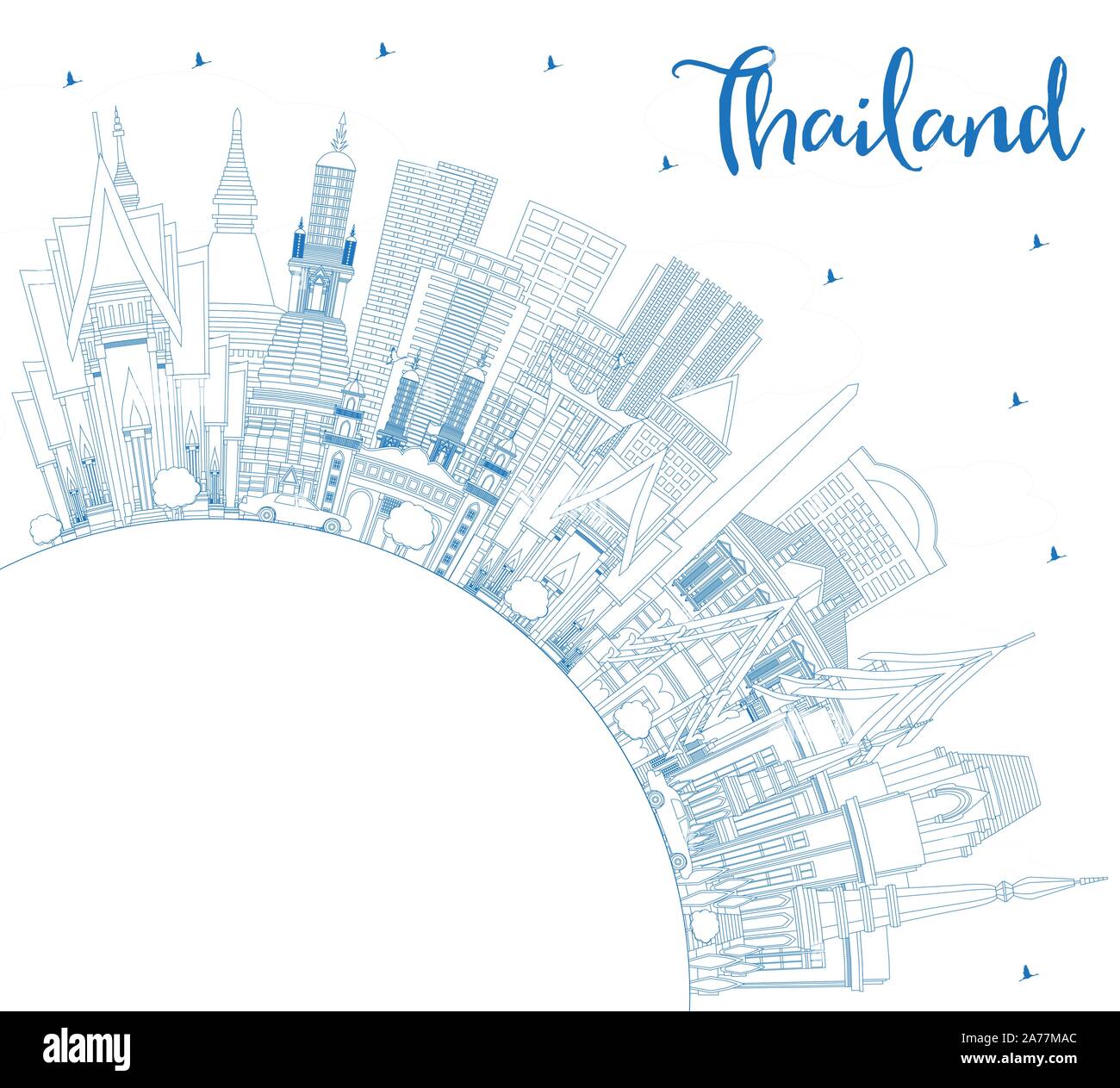 Contours de la Thaïlande sur les toits de la ville avec des bâtiments et Copie Espace Bleu. Vector Illustration. Concept du tourisme avec l'architecture historique. Illustration de Vecteur