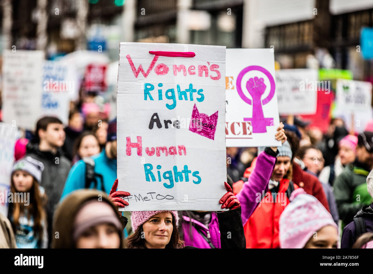 Le pouvoir d'exprimer un désaccord : La Marche des femmes 2018 à Seattle, Washington, États-Unis Banque D'Images