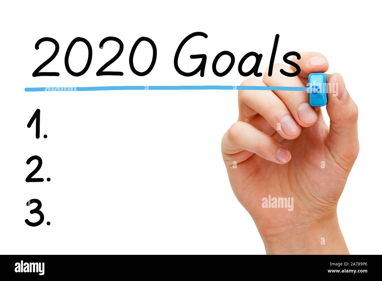 Vide de la liste des objectifs pour l'année 2020 concept isolé sur fond blanc. Objectifs 2020 soulignant la main avec marqueur bleu sur transparent essuyer. Banque D'Images