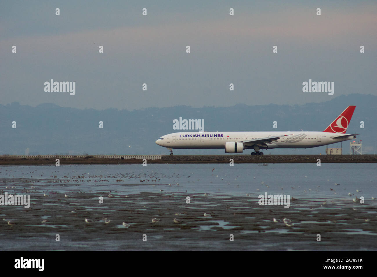 SAN FRANCISCO, California, UNITED STATES - SEP 27th, 2018 : Turkish Airlines Boeing 777-3F2ER roulait le long de la voie de circulation avant le départ à l'OFS Banque D'Images