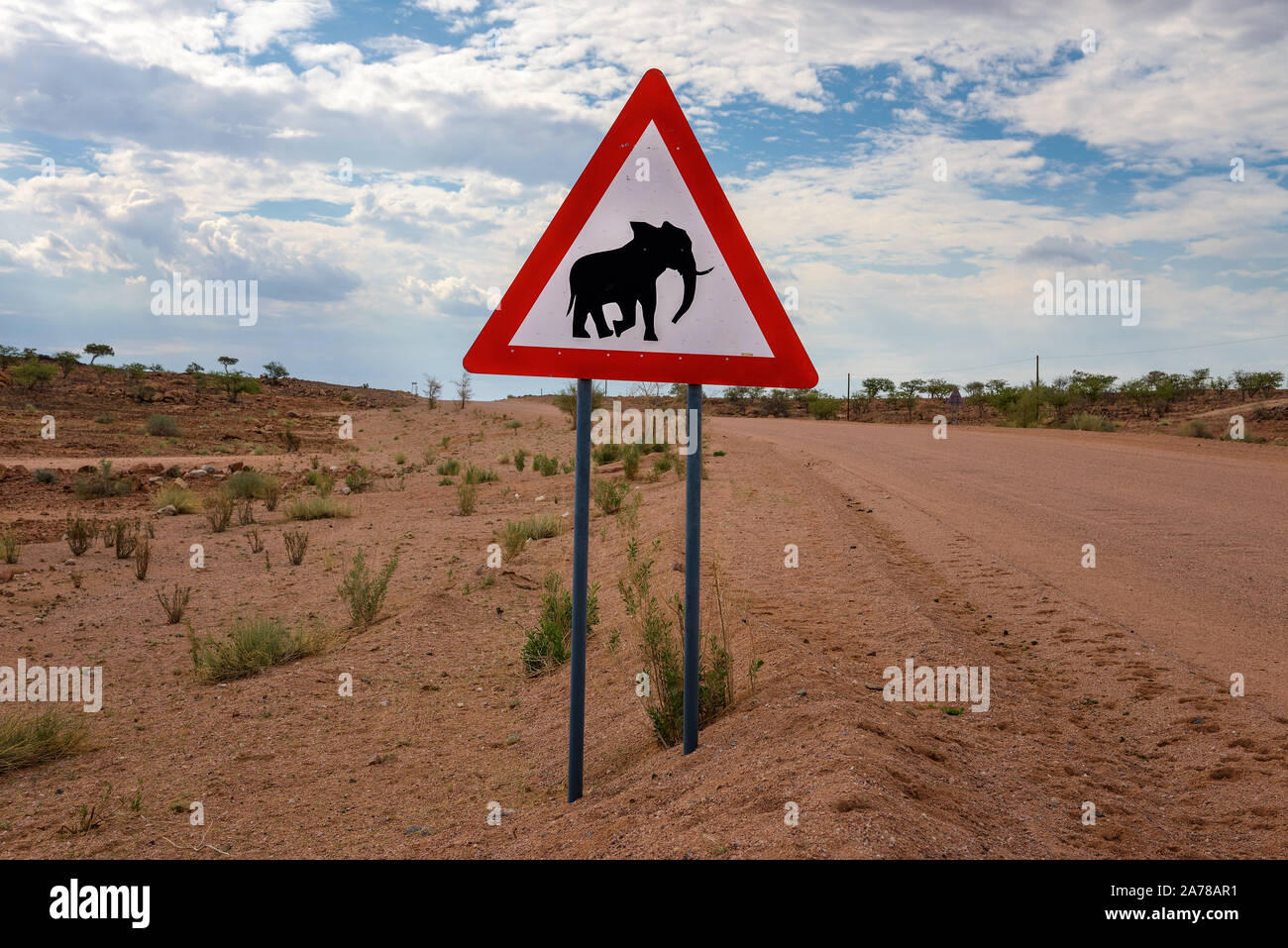 Panneau routier d'avertissement de passage à niveau d'éléphants placés dans le désert de Namibie Banque D'Images