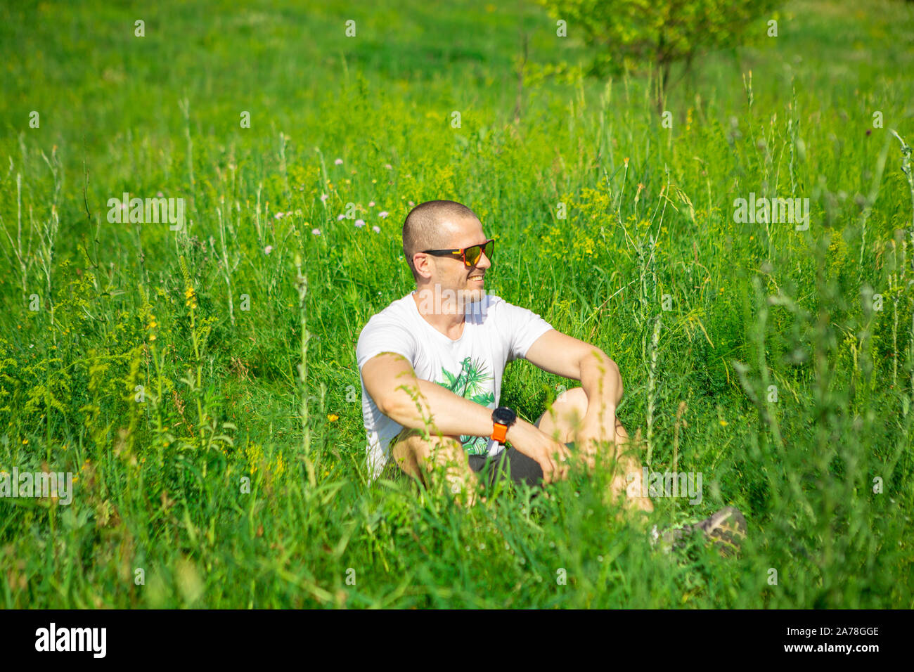 Homme assis dans l'herbe à lunettes Banque D'Images