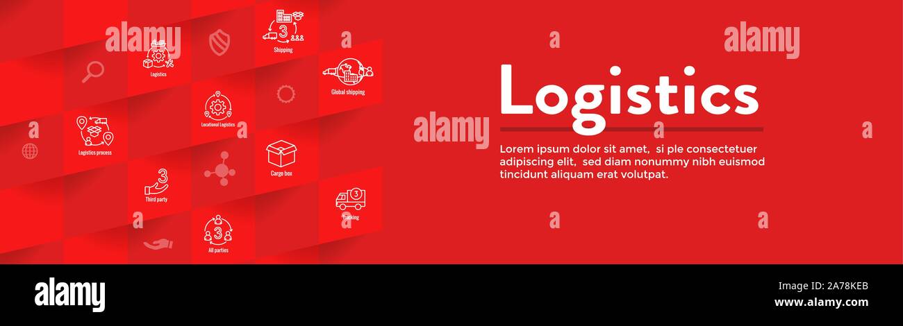 Icon Set logistique et web bannière d'en-tête w bâtiments, de camionnage, d'expédition et les gens fort Illustration de Vecteur