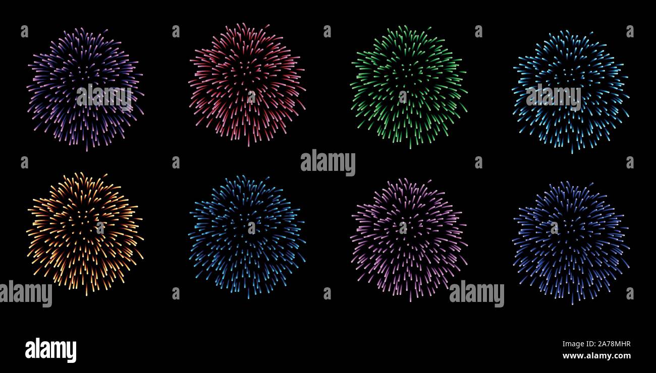 Collection ou ensemble de huit vecteurs Fireworks icônes dans de multiples dégradés de couleurs isolé sur fond noir pour la célébration du nouvel an Illustration de Vecteur