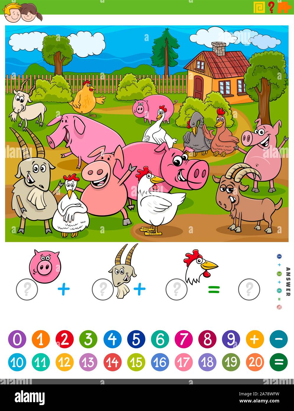 Cartoon Illustration de mathématiques de l'éducation et de comptage plus jeu pour les enfants avec des caractères des animaux de ferme Illustration de Vecteur