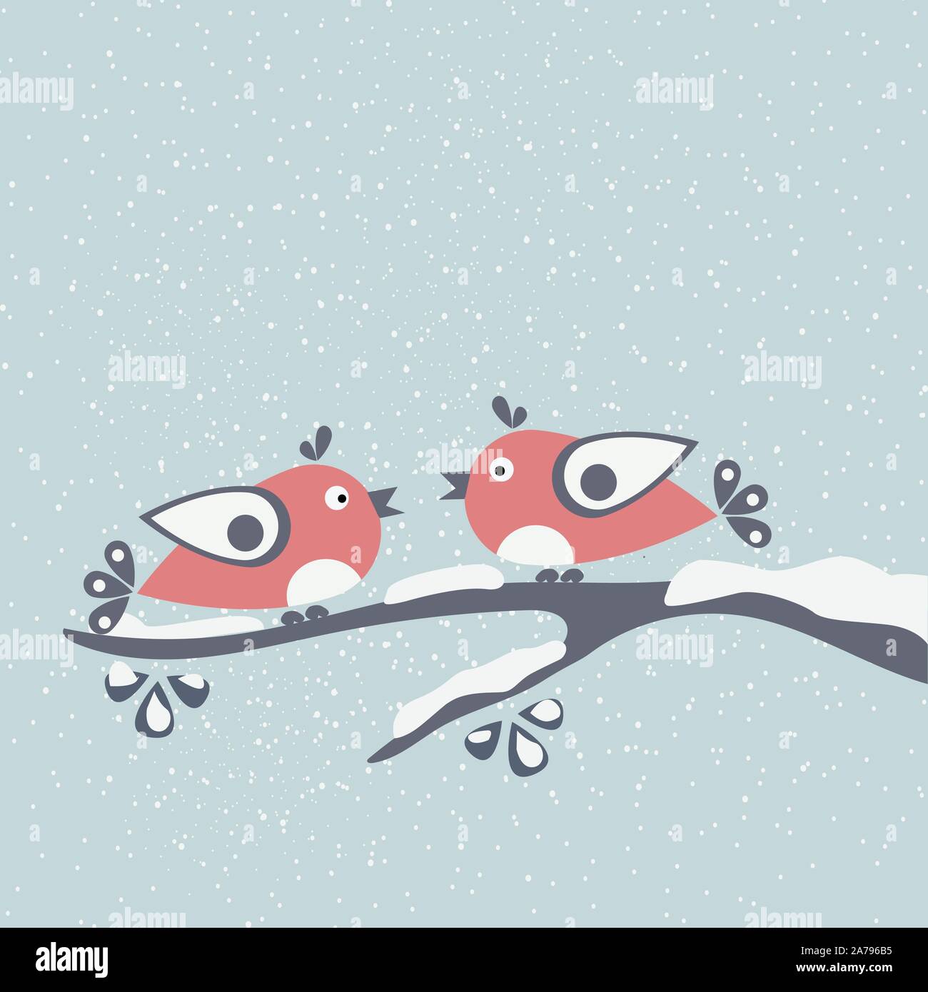 Les oiseaux d'hiver mignon tweeting sur une branche d'arbre couvert de neige. Première Neige. Vector Illustration Illustration de Vecteur