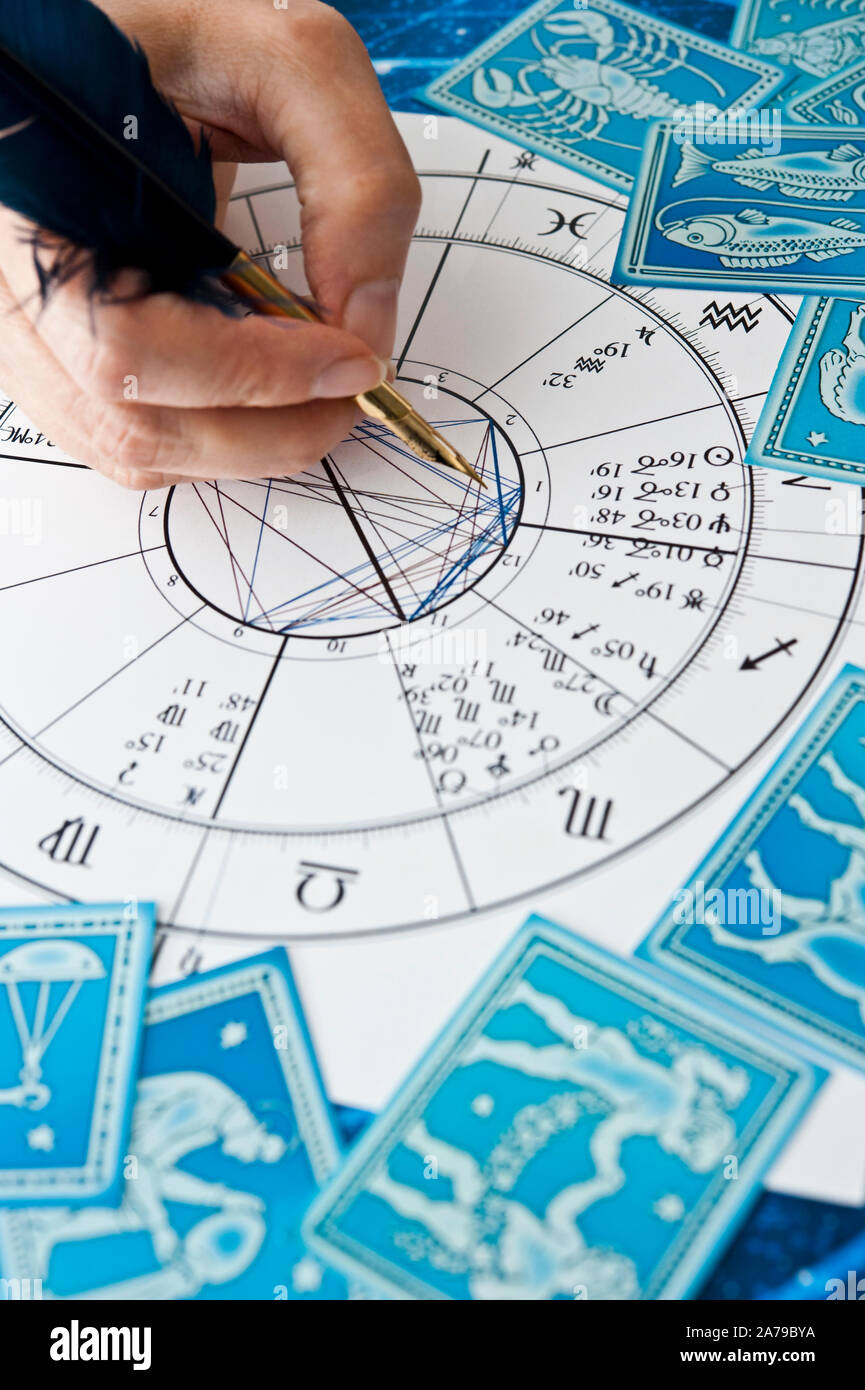 Part d'un astrologue de compiler une astrologie graphique avec un stylo plume Banque D'Images