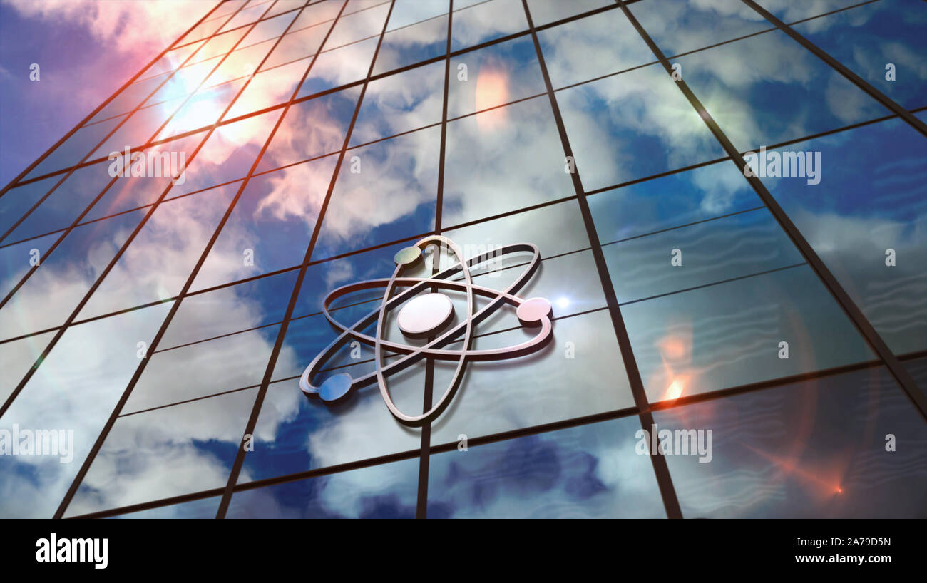 L'énergie de l'atome symbole sur verre. Ciel en miroir et ville sur façade moderne. La science, la technologie et l'industrie de l'énergie nucléaire 3D renderi concept centre Banque D'Images