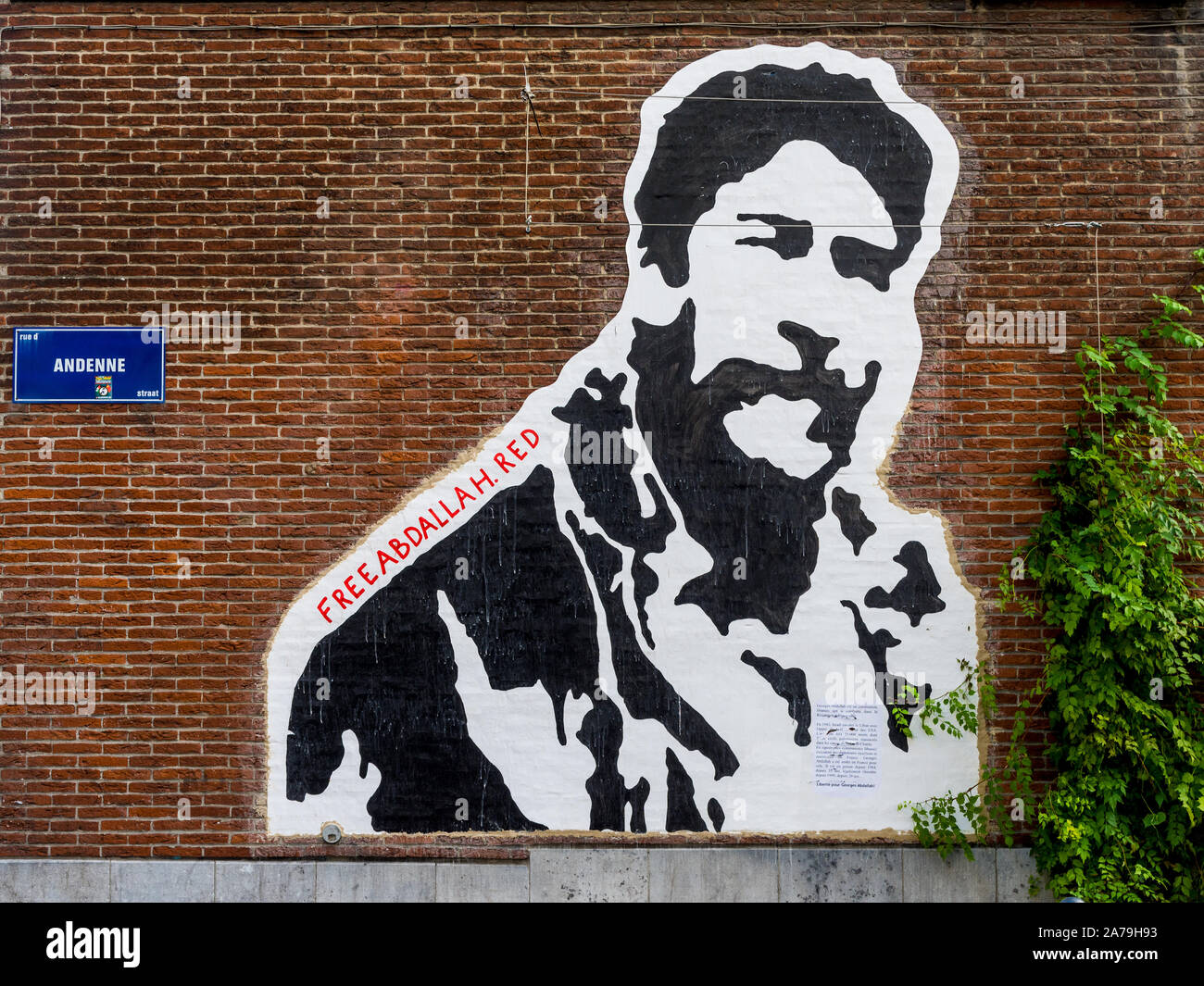 Fresque de protestation pour la libération de Georges Abdallah - Rue de Andenne, Saint Gilles, Bruxelles, Belgique. Banque D'Images