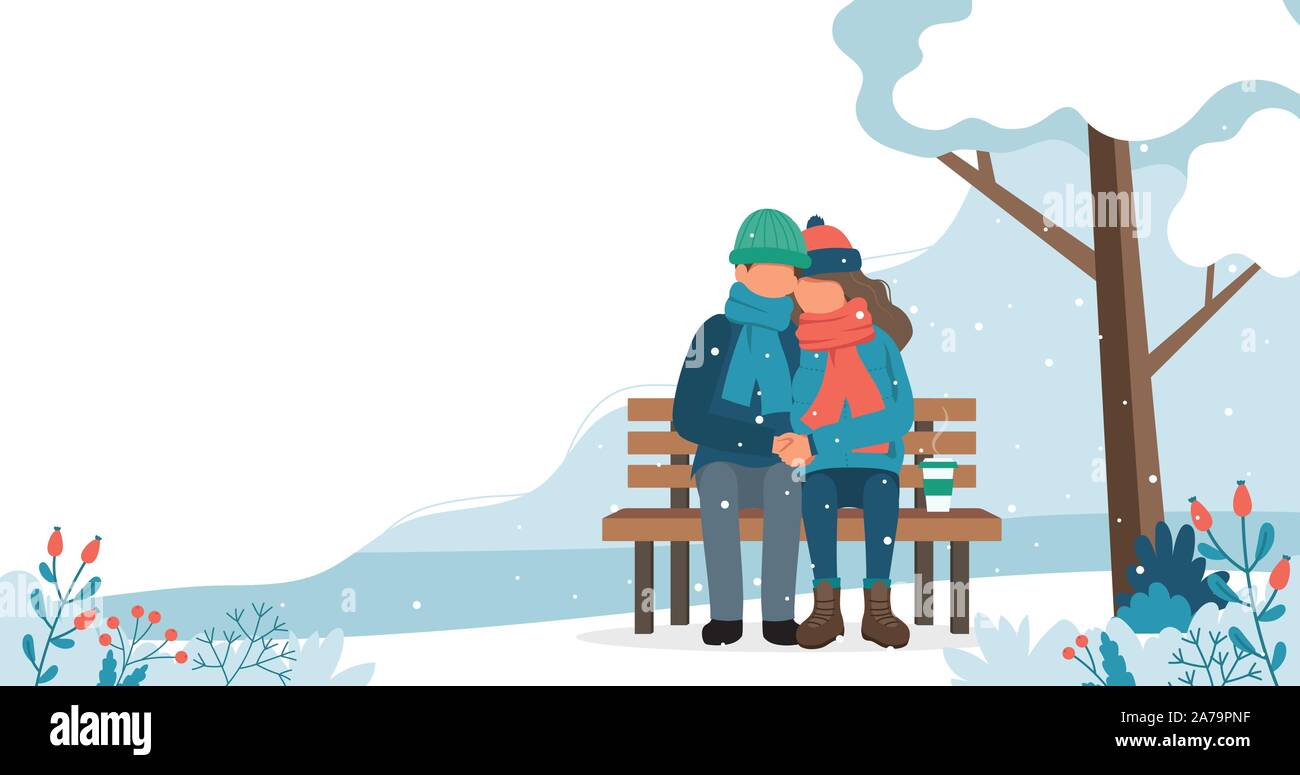 Couple d'amoureux sur le banc en hiver. Cute vector illustration dans télévision style. Illustration de Vecteur