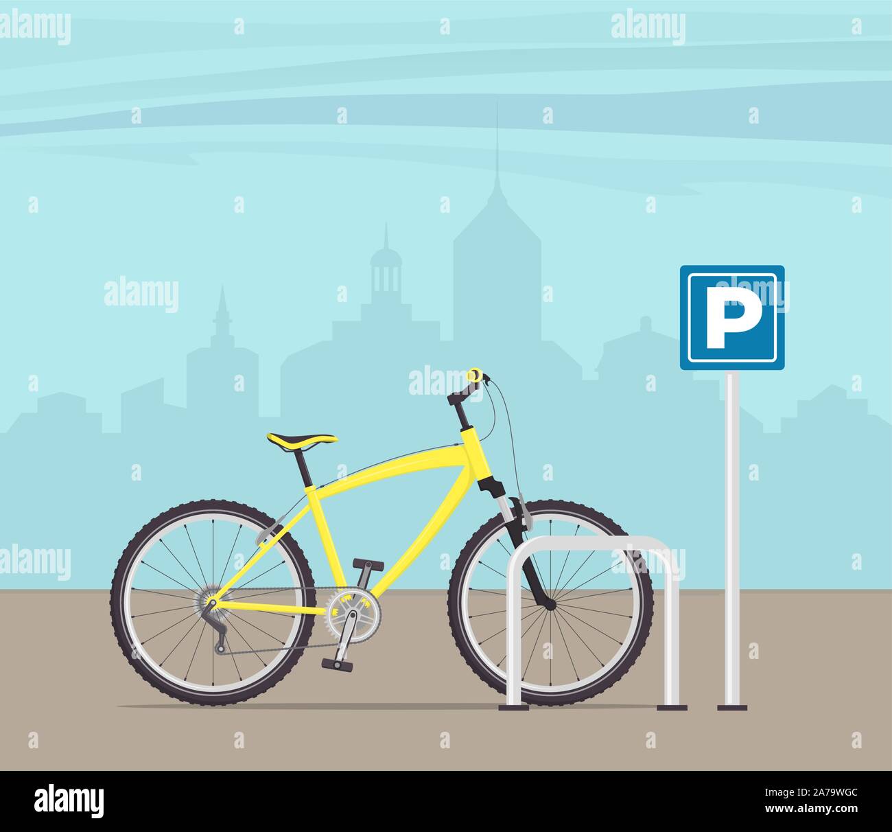 Le stationnement des vélos sur une rue de la ville. Parking à vélos moderne de couleur jaune signe. Vector illustration style de télévision Illustration de Vecteur