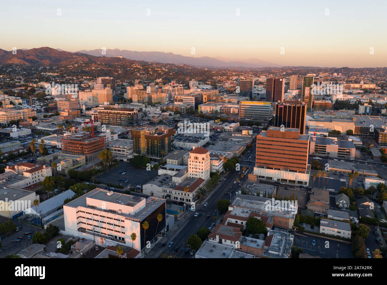 Vues aériennes de Hollywood, Californie au coucher du soleil Banque D'Images