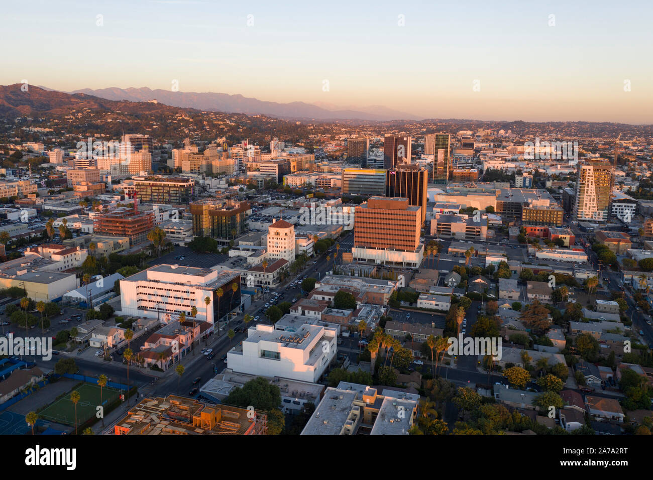 Vues aériennes de Hollywood, Californie au coucher du soleil Banque D'Images
